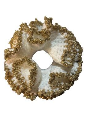 Hand Crafted White and Gold Ruffled Crochet Hair Scrunchie